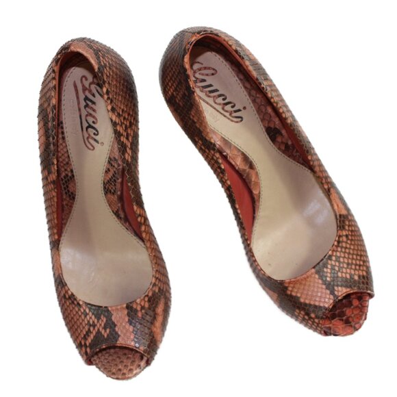 Gucci Lili Two Tone Brown Blush Python Peep-Toe Platform Stiletto Heel Size 36 - Picture 8 of 9